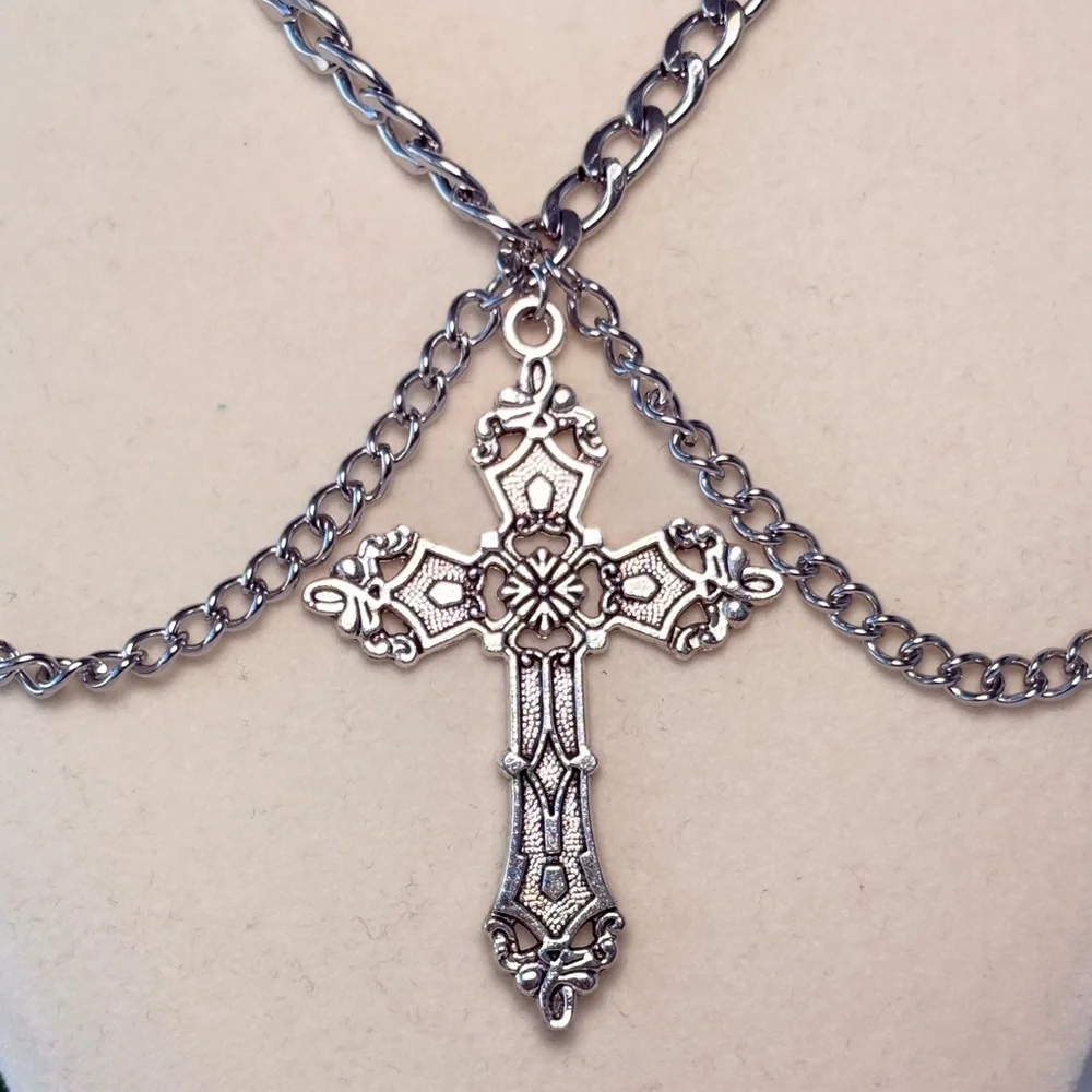 Elegant Silver Cross Double Chain Choker‎ Necklace